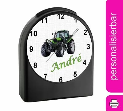CreaDesign Kinder Funkwecker Personalisiert Mit Namen Traktor Atom-/Funkuhr, 12-Stunden-Anzeigeformat, Schlummerfunktion, Nachtlicht, Geräuschlos/Ohne Ticken