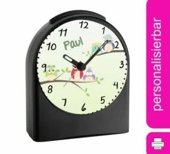 CreaDesign Kinder Funkwecker Personalisiert Mit Namen Eule Atom-/Funkuhr, 12-Stunden-Anzeigeformat, Schlummerfunktion, Nachtlicht, Geräuschlos/Ohne Ticken