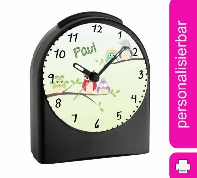CreaDesign Kinder Funkwecker Personalisiert Mit Namen Eule Atom-/Funkuhr, 12-Stunden-Anzeigeformat, Schlummerfunktion, Nachtlicht, Geräuschlos/Ohne Ticken