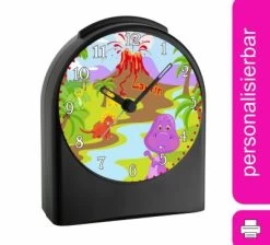 CreaDesign Kinder Funkwecker Personalisiert Mit Namen Dino Atom-/Funkuhr, 12-Stunden-Anzeigeformat, Schlummerfunktion, Nachtlicht, Geräuschlos/Ohne Ticken