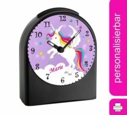 CreaDesign Kinder Funkwecker Personalisiert Mit Namen Einhorn Atom-/Funkuhr, 12-Stunden-Anzeigeformat, Schlummerfunktion, Nachtlicht, Geräuschlos/Ohne Ticken