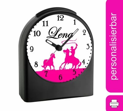 CreaDesign Kinder Funkwecker Personalisiert Mit Namen Cowboy Pferde Atom-/Funkuhr, 12-Stunden-Anzeigeformat, Schlummerfunktion, Nachtlicht, Geräuschlos/Ohne Ticken