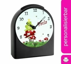 CreaDesign Kinder Funkwecker Personalisiert Mit Namen Froschkönig Atom-/Funkuhr, 12-Stunden-Anzeigeformat, Schlummerfunktion, Nachtlicht, Geräuschlos/Ohne Ticken
