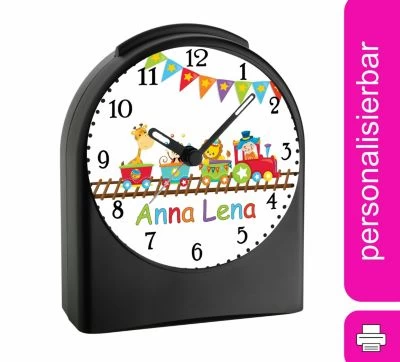 CreaDesign Kinder Funkwecker Personalisiert Mit Namen Zug Atom-/Funkuhr, 12-Stunden-Anzeigeformat, Schlummerfunktion, Nachtlicht, Geräuschlos/Ohne Ticken