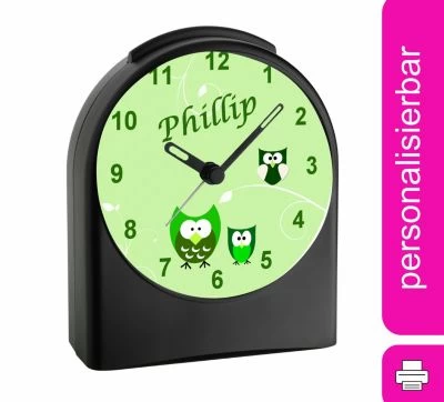 CreaDesign Kinder Funkwecker Personalisiert Mit Namen Eule Atom-/Funkuhr, 12-Stunden-Anzeigeformat, Schlummerfunktion, Nachtlicht, Geräuschlos/Ohne Ticken
