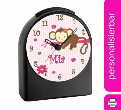 CreaDesign Kinder Funkwecker Personalisiert Mit Namen Affe Atom-/Funkuhr, 12-Stunden-Anzeigeformat, Schlummerfunktion, Nachtlicht, Geräuschlos/Ohne Ticken