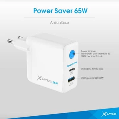 Xlayer CHARGER Power Saver 65W USB-C Mit Strom-Stopp-Funktion Schnellladegerät GaN Technologie Kompatibel Mit MacBook/Pro/Air, IPhone, IPad, Galaxy, Huawei, Xiaomi, Lenovo, Dell Weiß – Bild 4