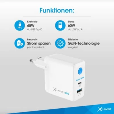 Xlayer CHARGER Power Saver 65W USB-C Mit Strom-Stopp-Funktion Schnellladegerät GaN Technologie Kompatibel Mit MacBook/Pro/Air, IPhone, IPad, Galaxy, Huawei, Xiaomi, Lenovo, Dell Weiß – Bild 5