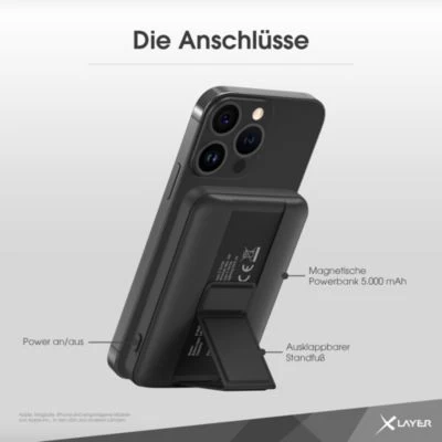 Xlayer WIRELESS Powerbank MagSafe 5000 MAh 2 In 1 Mit Standfuß Schnelles Aufladen USB-C Magnetisch Schwarz – Bild 4