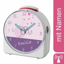 CreaDesign Kinder Funkwecker Weiß Personalisiert Mit Namen Elefant Lila 12-Stunden-Anzeigeformat, Geräuschlos/Ohne Ticken, Nachtlicht