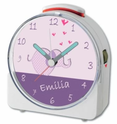 CreaDesign Kinder Funkwecker Weiß Personalisiert Mit Namen Elefant Lila 12-Stunden-Anzeigeformat, Geräuschlos/Ohne Ticken, Nachtlicht – Bild 3