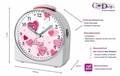 CreaDesign Kinder Funkwecker Weiß Personalisiert Mit Namen Herz Rosa 12-Stunden-Anzeigeformat, Geräuschlos/Ohne Ticken, Nachtlicht – Bild 2