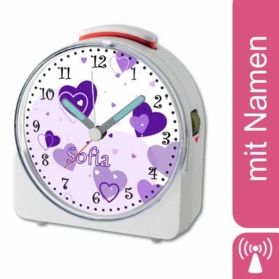 CreaDesign Kinder Funkwecker Weiß Personalisiert Mit Namen Herz Lila 12-Stunden-Anzeigeformat, Geräuschlos/Ohne Ticken, Nachtlicht