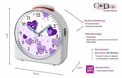 CreaDesign Kinder Funkwecker Weiß Personalisiert Mit Namen Herz Lila 12-Stunden-Anzeigeformat, Geräuschlos/Ohne Ticken, Nachtlicht – Bild 2