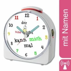CreaDesign Kinder Funkwecker Weiß Personalisiert Mit Namen Früher Vogel 12-Stunden-Anzeigeformat, Geräuschlos/Ohne Ticken, Nachtlicht