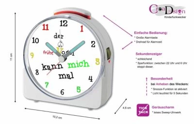 CreaDesign Kinder Funkwecker Weiß Personalisiert Mit Namen Früher Vogel 12-Stunden-Anzeigeformat, Geräuschlos/Ohne Ticken, Nachtlicht – Bild 2