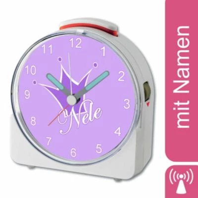 CreaDesign Kinder Funkwecker Weiß Personalisiert Mit Namen Krone Lila 12-Stunden-Anzeigeformat, Geräuschlos/Ohne Ticken, Nachtlicht