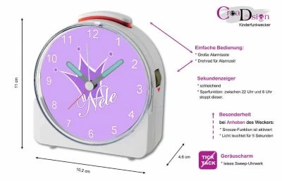 CreaDesign Kinder Funkwecker Weiß Personalisiert Mit Namen Krone Lila 12-Stunden-Anzeigeformat, Geräuschlos/Ohne Ticken, Nachtlicht – Bild 5