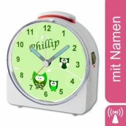 CreaDesign Kinder Funkwecker Weiß Personalisiert Mit Namen Eule Grün 12-Stunden-Anzeigeformat, Geräuschlos/Ohne Ticken, Nachtlicht