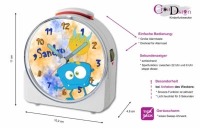 CreaDesign Kinder Funkwecker Weiß Personalisiert Mit Namen Monster 12-Stunden-Anzeigeformat, Geräuschlos/Ohne Ticken, Nachtlicht – Bild 2