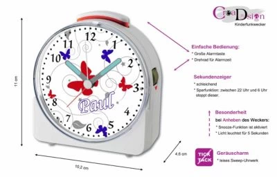 CreaDesign Kinder Funkwecker Weiß Personalisiert Mit Namen Schmetterling Blau Rot 12-Stunden-Anzeigeformat, Geräuschlos/Ohne Ticken, Nachtlicht – Bild 2