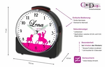CreaDesign Kinder Funkwecker Weiß Personalisiert Mit Namen Cowboy Pferd – Bild 2