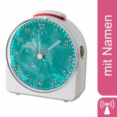CreaDesign Kinder Funkwecker Weiß Personalisiert Mit Namen Traum Petrol 12-Stunden-Anzeigeformat, Geräuschlos/Ohne Ticken, Nachtlicht