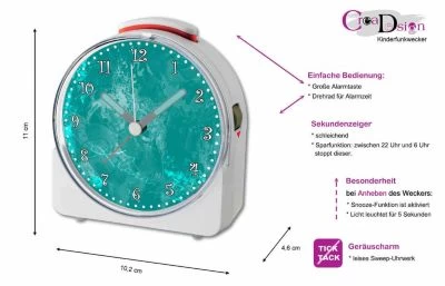 CreaDesign Kinder Funkwecker Weiß Personalisiert Mit Namen Traum Petrol 12-Stunden-Anzeigeformat, Geräuschlos/Ohne Ticken, Nachtlicht – Bild 5