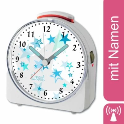 CreaDesign Kinder Funkwecker Weiß Personalisiert Mit Namen Sterne Türkis 12-Stunden-Anzeigeformat, Geräuschlos/Ohne Ticken, Nachtlicht