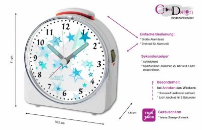 CreaDesign Kinder Funkwecker Weiß Personalisiert Mit Namen Sterne Türkis 12-Stunden-Anzeigeformat, Geräuschlos/Ohne Ticken, Nachtlicht – Bild 5