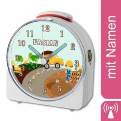 CreaDesign Kinder Funkwecker Weiß Personalisiert Mit Namen Baustelle 12-Stunden-Anzeigeformat, Geräuschlos/Ohne Ticken, Nachtlicht