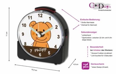 CreaDesign Kinder Funkwecker Weiß Personalisiert Mit Namen Teddy Bär – Bild 2