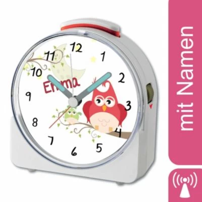 CreaDesign Kinder Funkwecker Weiß Personalisiert Mit Namen Eule Mama 12-Stunden-Anzeigeformat, Geräuschlos/Ohne Ticken, Nachtlicht
