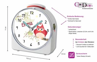 CreaDesign Kinder Funkwecker Weiß Personalisiert Mit Namen Eule Mama 12-Stunden-Anzeigeformat, Geräuschlos/Ohne Ticken, Nachtlicht – Bild 2