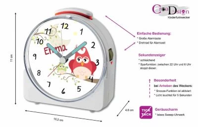 CreaDesign Kinder Funkwecker Weiß Personalisiert Mit Namen Eule Mama 12-Stunden-Anzeigeformat, Geräuschlos/Ohne Ticken, Nachtlicht – Bild 5