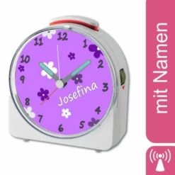 CreaDesign Kinder Funkwecker Weiß Personalisiert Mit Namen Blumen Lila 12-Stunden-Anzeigeformat, Geräuschlos/Ohne Ticken, Nachtlicht