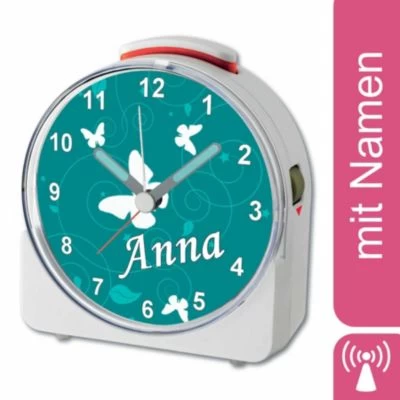 CreaDesign Kinder Funkwecker Weiß Personalisiert Mit Namen Schmetterling Petrol 12-Stunden-Anzeigeformat, Geräuschlos/Ohne Ticken, Nachtlicht