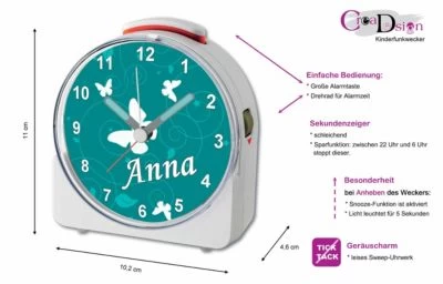 CreaDesign Kinder Funkwecker Weiß Personalisiert Mit Namen Schmetterling Petrol 12-Stunden-Anzeigeformat, Geräuschlos/Ohne Ticken, Nachtlicht – Bild 2