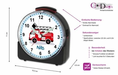 CreaDesign Kinder Funkwecker Weiß Personalisiert Mit Namen Feuerwehr – Bild 2