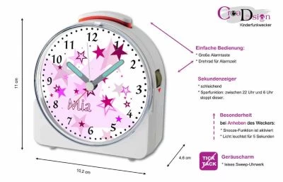 CreaDesign Kinder Funkwecker Weiß Personalisiert Mit Namen Sterne Rosa 12-Stunden-Anzeigeformat, Geräuschlos/Ohne Ticken, Nachtlicht – Bild 5