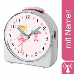 CreaDesign Kinder Funkwecker Weiß Personalisiert Mit Namen Balerina 12-Stunden-Anzeigeformat, Geräuschlos/Ohne Ticken, Nachtlicht