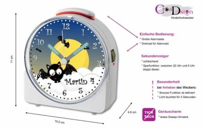 CreaDesign Kinder Funkwecker Weiß Personalisiert Mit Namen Fledermaus 12-Stunden-Anzeigeformat, Geräuschlos/Ohne Ticken, Nachtlicht – Bild 2