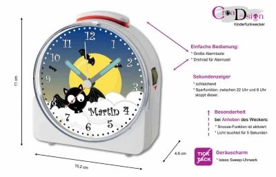 CreaDesign Kinder Funkwecker Weiß Personalisiert Mit Namen Fledermaus 12-Stunden-Anzeigeformat, Geräuschlos/Ohne Ticken, Nachtlicht – Bild 5