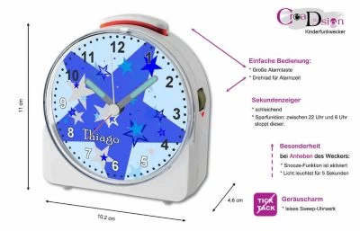 CreaDesign Kinder Funkwecker Weiß Personalisiert Mit Namen Sterne Blau Grau 12-Stunden-Anzeigeformat, Geräuschlos/Ohne Ticken, Nachtlicht – Bild 5