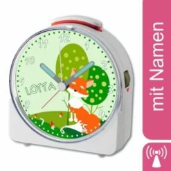 CreaDesign Kinder Funkwecker Weiß Personalisiert Mit Namen Fuchs 12-Stunden-Anzeigeformat, Geräuschlos/Ohne Ticken, Nachtlicht