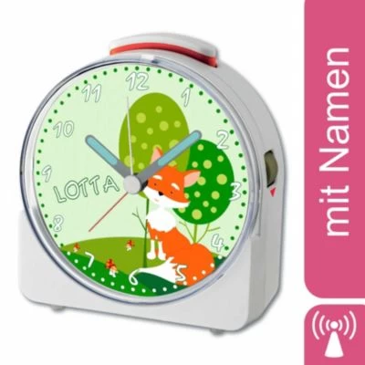 CreaDesign Kinder Funkwecker Weiß Personalisiert Mit Namen Fuchs 12-Stunden-Anzeigeformat, Geräuschlos/Ohne Ticken, Nachtlicht