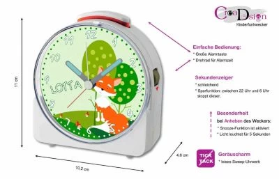 CreaDesign Kinder Funkwecker Weiß Personalisiert Mit Namen Fuchs 12-Stunden-Anzeigeformat, Geräuschlos/Ohne Ticken, Nachtlicht – Bild 5